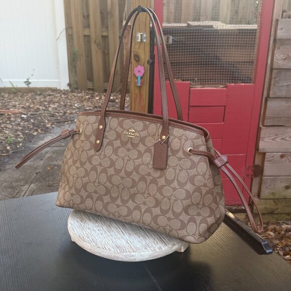 COACH Signature Coated Canvas Leather Drawstring Carryall Women's Tote New - Picture 5 of 15